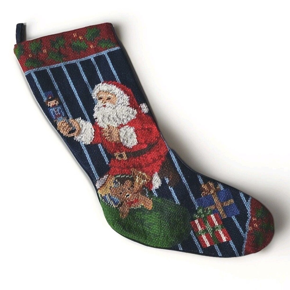 VTG Needlepoint Christmas Stocking Nutcracker Santa Toys Presents Teddy Bear